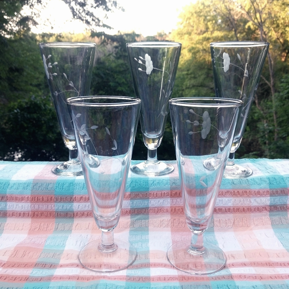 Princess House Heritage Crystal Etched Floral Pilsner Beer Ale Glasses Lot of 5